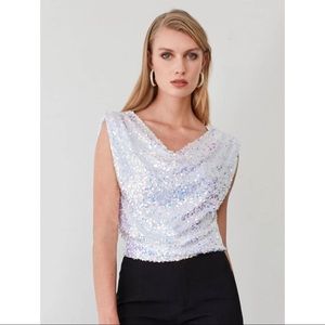 Sequin shoulder pad draped top